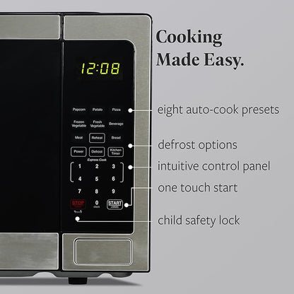 Farberware 1.1 Cu. Ft. Countertop Microwave Oven – 1000 Watts Power, Auto Cook Settings, Defrost, Easy Clean and Child Safety Lock-Stainless, Stainless Steel