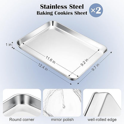 E-far Stainless Steel Baking Sheets, 12.4” x9.7” x 1” Baking Cookie Sheets Pans for Oven, Non-toxic Metal Trays for Cake Cookies, Healthy & Rust Free, Mirror Finish & Dishwasher Safe, 2 Pack