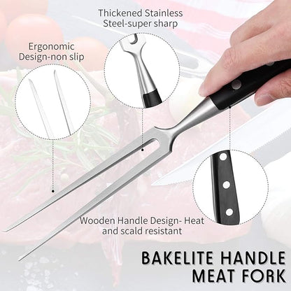 CHENGU 2 Pieces Carving Fork for Meat 12 Inch Kitchen Stainless Steel Serving Cooking with Wood Handle Classic Grill with ABS Handle Xmas Black Barbecue BBQ Fork Carving Set