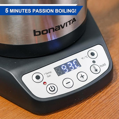 Bonavita 1L Digital Variable Temperature Gooseneck Electric Kettle for Coffee Brew and Tea Precise Pour Control, 6 Preset Temps, Café or Home Use, 1200 Watt, LED Panel, Stainless Steel