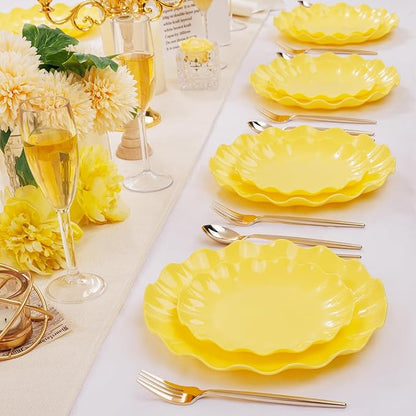 LIYH 24 Pcs Yellow Plastic Plates Reusable, Unbreakable Dinner Plates, Salad Plate, Microwave & Dishwasher Safe, Plate Sets Perfect for Parties,Birthday,Picnics (12guests)