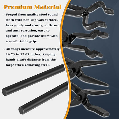 Blacksmith Knife Making Tongs Set - 3/8" 1/2" 5/8" V-Bit, 1/4 Flat Jaw, Pick Up, Scroll - Assembled Blacksmithing Bladesmith Steel Forge Tongs (6PCS)