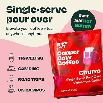 Copper Cow Coffee Premium Pour Over Single-Serve Vietnamese Coffee Pouches (24 pack) | Churro | Dark Roast | Flavored with Real Cinnamon | Convenient Vietnamese Ground Coffee Packets, Travel Friendly