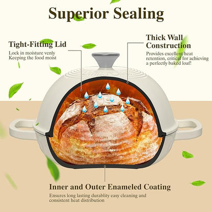 Enameled Round Cast Iron Bread Oven, 6 Qt Cast Iron Dutch Oven for Homemade Sourdough Bread Baking, Bread Pot with Dome Lid & Cotton Potholders (Cream White)