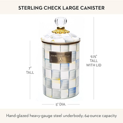 MACKENZIE-CHILDS Large Enamel Canister, Kitchen Storage Container for Flour and Sugar, 1.89 Liters, Grey-and-White Sterling Check