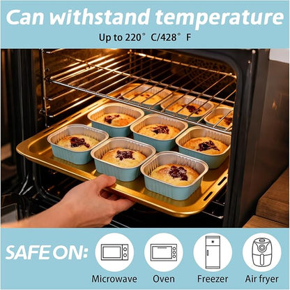 200 Pack 10 oz Square Mini Cake Pans with Lids, Mini Loaf Pans with Lids, Aluminum Foil Square Brownie Baking Cups for Ramekins Muffin Cupcake Wedding Birthday Party (Blue)