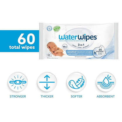 WaterWipes Sensitive+ Newborn & Baby Wipes, 3-In-1 Cleans, Cares, Protects, 99.9% Water, Unscented & Hypoallergenic, 60 Count