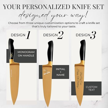 Personalized Black and Gold Knife Set with Block and Sharpener – 14-Piece Custom Engraved Titanium-Coated Gold Knives – Full Tang, Stainless Steel, Ergonomic, Gift-Ready