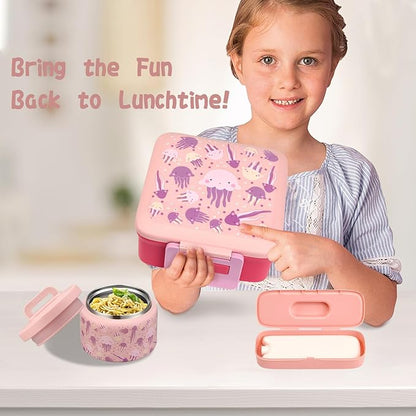 Bento Lunch Box for Kids with 8oz Soup Thermo,Leak-Proof Lunch Containers with 5 Compartment,Thermo Food Jar Food Containers for School (Pink-Jellyfish)