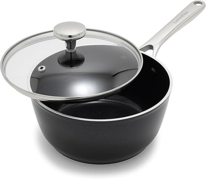Orfeo 2.4QT Nonstick Saucepan with Lid, Made in Italy, Diamond Ceramic PFAS-Free Cookware, Induction Ready, Scratch Resistant, Laser-Fused Surface for Durability, Dishwasher Safe, Black