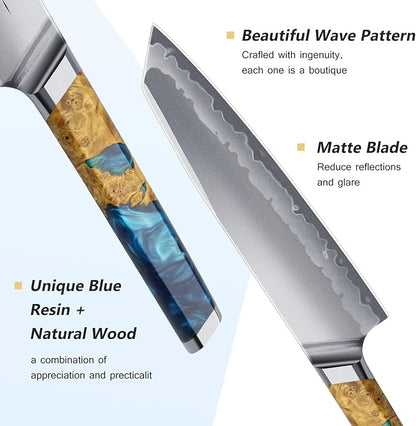 FINTISO Chef Knife 8 inch Kitchen Knife in S35VN Powder Steel Core Japanese Chef Knife, 7-Layers Clad Steel Cooking Knife Super Sharp Knife for Kitchen with Celestial Resin & Wood Handle Gift Box