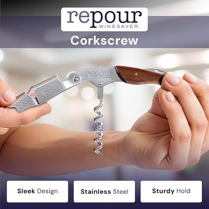Repour 3 in 1 Corkscrew- Professional Wine Bottle Opener with Serrated Foil Cutter and Bottle Opener- Manual Wine Key for Bartenders, Servers, Waiters, and Wine Enthusiasts (Rosewood)