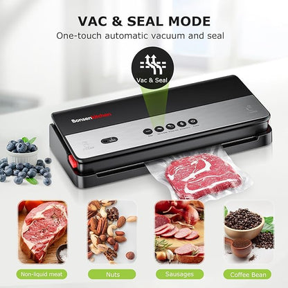 Bonsenkitchen Vacuum Sealer Machine, Multi-Functional Food Sealer with 1 Roll Bag, Bag Storage | Built-in Cutter, Black-Silver
