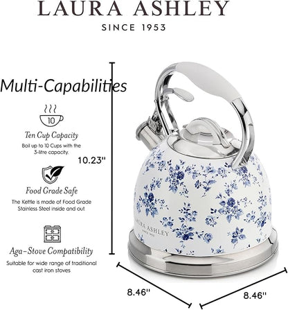 VQ Laura Ashley China Rose 2.5L Stainless Steel Tea Kettle Stovetop Whistling Teapot for Induction, Gas Hob or others. Silicon Coated Cool Handle & Push Button Mechanism Vintage Stove Top Kettle