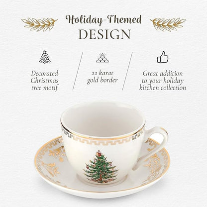 Spode Christmas Tree Gold 4-Piece Holiday Dinnerware Set - Fine Earthenware Tableware with 22K Gold Accents - Dinner Plate, Salad Plate, Teacup & Saucer - Festive Christmas Tableware, Dishwasher Safe