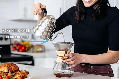 Barista Warrior Gooseneck Kettle for Pour Over Coffee and Tea with Thermometer for Exact Temperature, Precision Pour Drip Spout, Stainless Steel, Compatible with all Stove Tops (1.2 Liter, 40 fl oz)