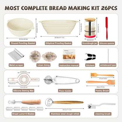 Sourdough Starter Kit, 26PCS Sourdough Bread Baking Supplies, Including a Sourdough Starter Jar (34OZ), Silicone Banneton Bread Proofing Basket Set of 2 (Yellow wood, Oversized glass mouth)
