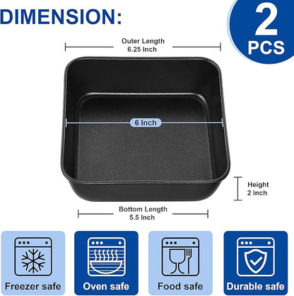 E-far 6 Inch Square Cake Pan Set of 2, Nonstick Small Baking Pan with Stainless Steel Core for Brownies Lasagna Cakes, Non-toxic & Easy Clean, 2 Inch Deep (Black)