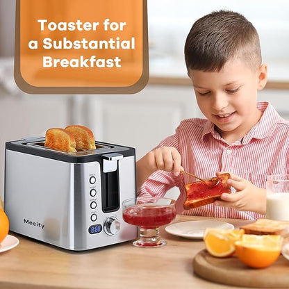 Mecity Toaster 2 Slice Stainless Steel Body, Timer, Bagel, Defrost, Reheat, Cancel Functions, Warming Rack, Removable Tray, 6 Browning Settings, Extra Wide Slots, Bread Toaster 800W