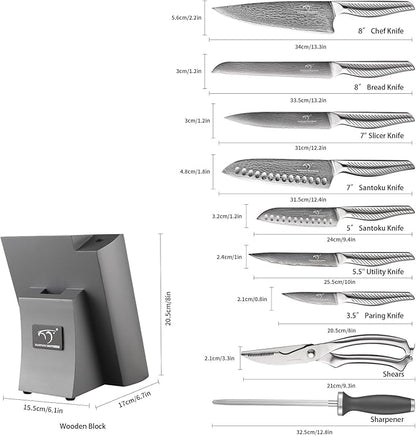 NANFANG BROTHERS® 10 Pieces Damascus Kitchen Knife Set, High Carbon Stainless Steel Damascus Steel Chef Knife Set, Stainless Steel Ergonomic Handle for Chef, with Built-in Sharpening Rod NF
