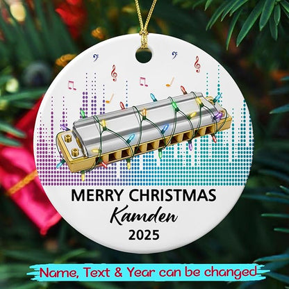 Customized Text Year Name Harmonica Instrument Player Ceramic Ornament, Personalized Harmonica Christmas Ornaments Gift for Harmonicist Women Men Friends Brother Sister, Harmonicas Musical Ornament