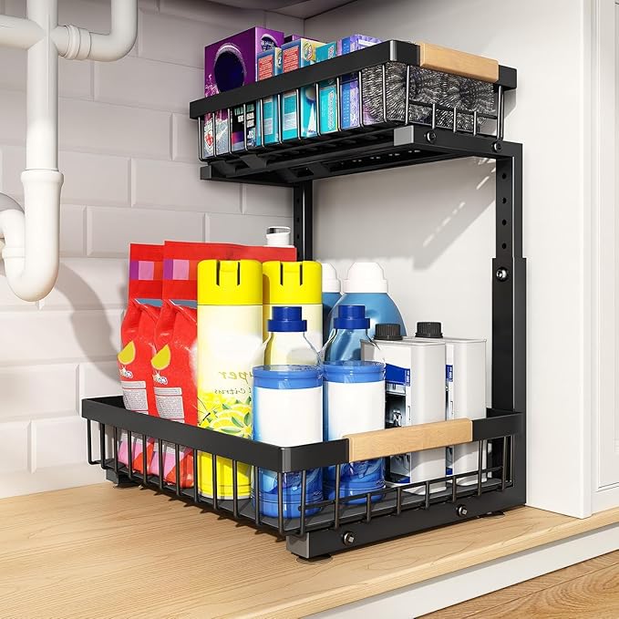 PXRACK Large Under Sink Organizer, Adjustable Height, 2-Tier Slide Out,Thickened Metal Shelf Under Sink Storage for Kitchen, Bathroom, Cabinet,Pantry,Black,1 PACK,Small Space-saving