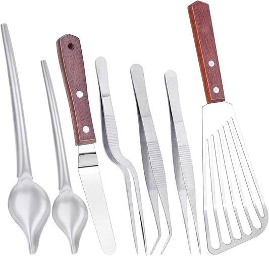Cridoz 7 Pcs Stainless Steel Kitchen Cooking Plating Tweezers Tongs Drawing Spoons Offset Spatula and Fish Spatula for Food Culinary Plating Decorating