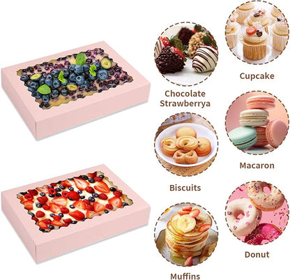 Cookie Boxes,14x10x2.5 Inch Large Bakery Boxes with Window for Pies Chocolate Strawberries Muffins Donuts Pastry Dessert Christmas(Pink, 14 * 10 * 2.5inch/24pcs)