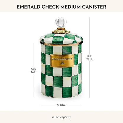 MACKENZIE-CHILDS Medium Enamel Canister, Kitchen Storage Container with Lid, Green-and-White Emerald Check