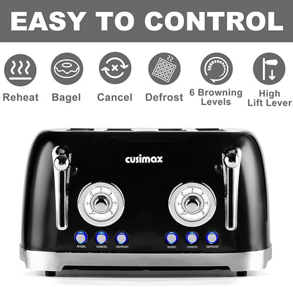 CUSIMAX Toaster 4 Slice, Retro Toaster with Wide Slots for Bagels, Stainless Steel toaster with 6 Toast Settings, Bagel, Cancel, Defrost & Reheat Functions, Dual Independent Control Panels, Black