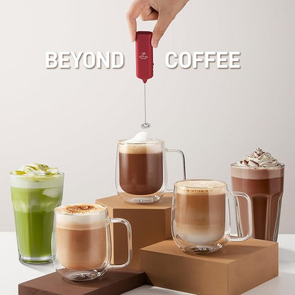 Mini & Mighty Milk Frother Wand – Powerful Handheld Coffee Frother, Battery Operated Drink Mixer – Compact Pocket Size – Detachable Whisk for Latte, Cappuccino, Matcha, Hot Chocolate – Cranberry
