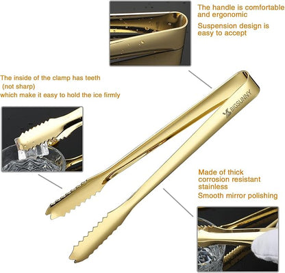 MSY BIGSUNNY 7 Inch Ice Tongs, Thickened Stainless Steel Sugar Cube Serving Tongs with Teeth for Tea, Party, Coffee, Bar, Food - Set of 2, Golden