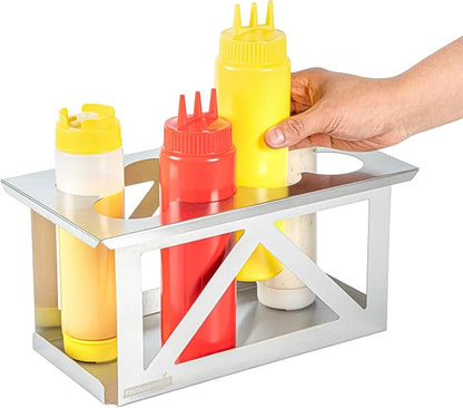 Restaurantware Squeeze Bottle Holder Pack of 1 Stainless Steel 8 Hole Bottle Holder, 2.5" Diameter Fits 1/3 Size Opening, Dishwasher Friendly Integrated Lip Design Holder for Condiment Bottles