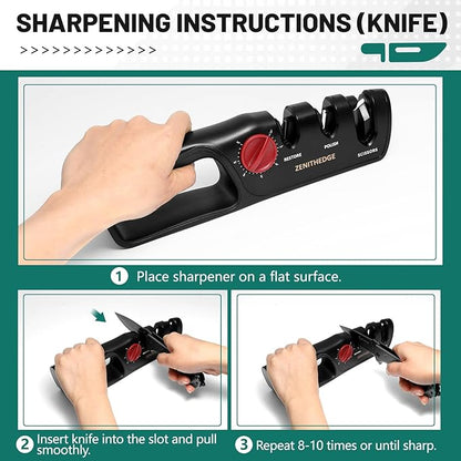 ZenithEdge® 3-in-1 Adjustable Knife Sharpener 14°-24° Angles for Kitchen, Fillet, Pocket Knives & Scissors - Tungsten Steel Ceramic Non-Slip Precision Sharpening Tool Gift