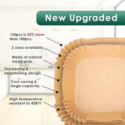 Air Fryer Paper Liners: 125Pcs Parchment Paper, Air Fryer Liner Disposable, Oilproof Waterproof Airfryer Basket Liner Square (6.5inch)