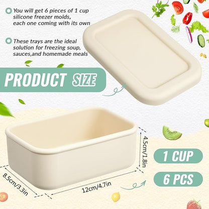 6 Packs 1 Cup Silicone Soup Freezer Molds with Lid Silicone Soup Freezer Trays Rectangle Reusable Food Preserving Tray Freezing Sauces Stews(Beige)