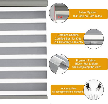 Persilux Cordless Zebra Blinds for Windows (59" W X 47" H, Grey) Free-Stop Dual Layer Roller Windows Shades for Day and Night, Light Filtering Sheer Shades for Home, Easy to Install