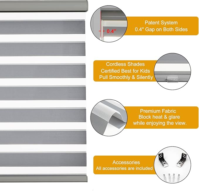Persilux Cordless Zebra Shades (47" W X 72" H, Grey) Free-Stop Window Shades Dual Layer Light Control for Day and Night, Light Filtering Sheer Blinds for Windows, Easy to Install