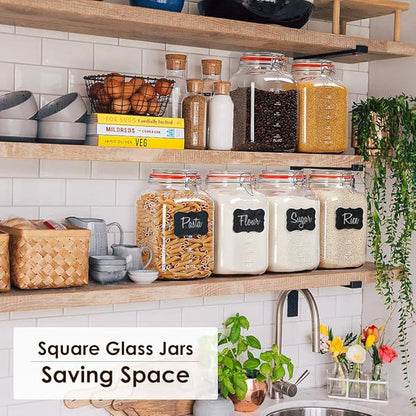 [UPGRADE] 2 Pack Square Super Wide Mouth Airtight Glass Storage Jars with Lids, 1.1 Gallon Glass Container with 2 Measurement Marks, Canning Jars with Leak-proof Lid for Kitchen (Spare Gasket)