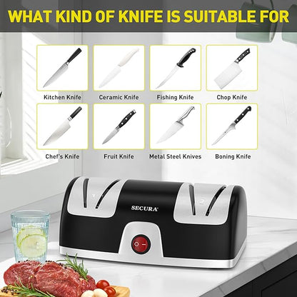 Secura 2-Stage Electric Knife Sharpener with Diamond Abrasives and Precision Angle Guides, Professional Sharpening Tool for Kitchen Straight Edge and Ceramic Knife, Black