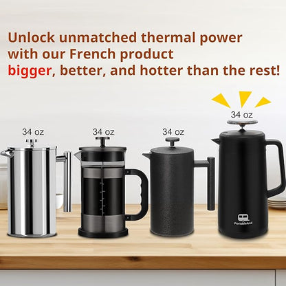 PortableAnd 34oz Double Vacuum Insulation Large Silicone French Press Coffee Maker, Metal Stainless Steel, Matte Black, Perfect for Camping, Travel, and At-Home Use (Light Gold)