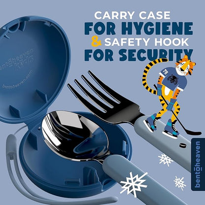 Bentoheaven Kids Travel Utensils with Case, Food-Grade Stainless Steel & BPA-Free Plastic, Travel Cutlery Set, Dishwasher Safe Fork, Spoon & Case, Reusable Flatware, Silverware for Kids (Tiger)