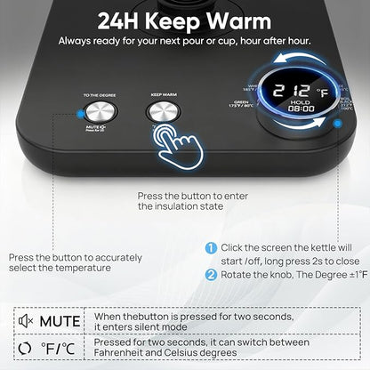 COZII Gooseneck Electric Kettle with ±1°F Temperature Control, 1200W Quick Heating for Pour Over Coffee & Tea, 0.9L Water Boiler with 24H Keep Warm & Auto Shut Off, Stainless Steel Interior, Black
