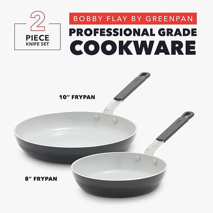 GreenPan x Bobby Flay 2 Piece- 8” and 10” Nonstick Frying Pan Skillet Set, PFAS-Free Diamond Ceramic, Induction Suitable, Stay-Cool Silicone Handle, Easy Clean Dishwasher & Oven Safe, Graphite