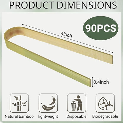 90 Pcs Natural Bamboo Food Tongs, Mini Disposable Wooden Long Toast Tongs, Small Cooking Utensils for Charcuterie, Catering, Party Supplies(3.94 Inch)