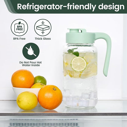 Mason Jar Pitcher - Airtight & Leakproof Glass Pitcher with Lid[set of 2], Perfect for Breastmilk, Cold Brew, and Sun Tea, 2 Quart (64 oz) Mason Jar with Pour Spout Lid