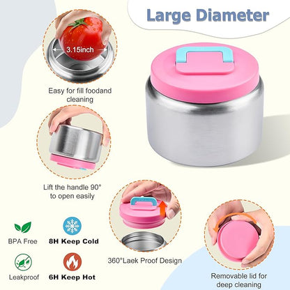 MAISON HUIS Bento Box for Kids with 8oz Soup Thermo, Leak-proof Lunch Food Containers with 5 Compartment, Insulated Lunch Bag & 17oz Stainless Steel Water Bottle for School, Trvael