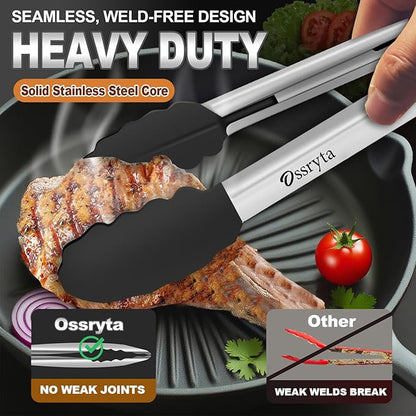 Kitchen Tongs with Silicone Tips - Heat Resistant 600°F Stainless Steel Cooking Tong Set, Non-Stick 7" 9" 12" Locking Silicone Tongs for Cooking, Grilling, Serving & Baking (3-Piece, Black)
