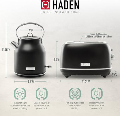 Haden Heritage 2 Slice Wide Slot Stainless Steel Toaster Bundled with 1.7 Liter Stainless Steel Electric Water Kettle, Black & Chrome
