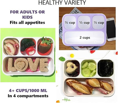 Bento-Box with Lunch Bag and Ice Pack Set. Containers for Kids Girls Adults Snacks and Lunches. 4 Compartments, Leak-proof Portion Container Boxes Insulated Bags for School, Purple